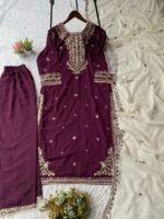 Purple Eid Launch Georgette Embroidery Top Pants Dupatta