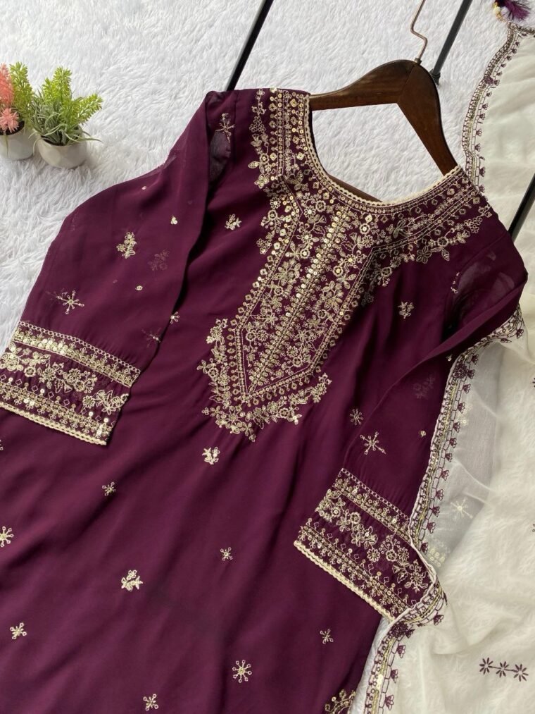 Purple Eid Launch Georgette Embroidery Top Pants Dupatta