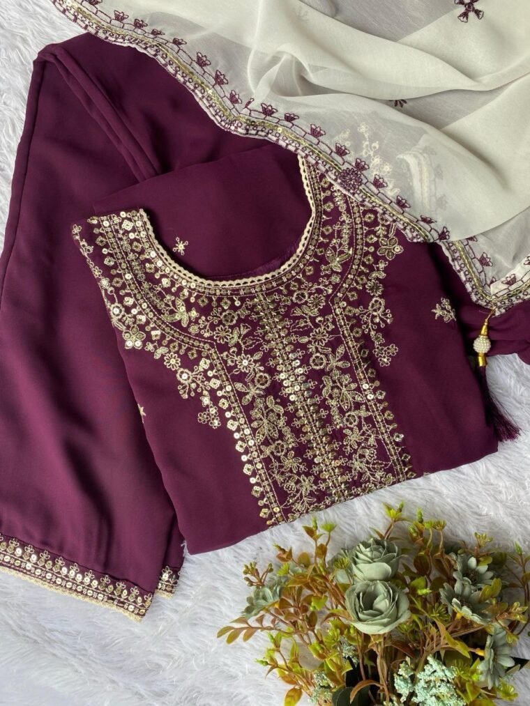 Purple Eid Launch Georgette Embroidery Top Pants Dupatta