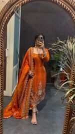 Orange Embroidery Fendy Silk 3pcs Suit