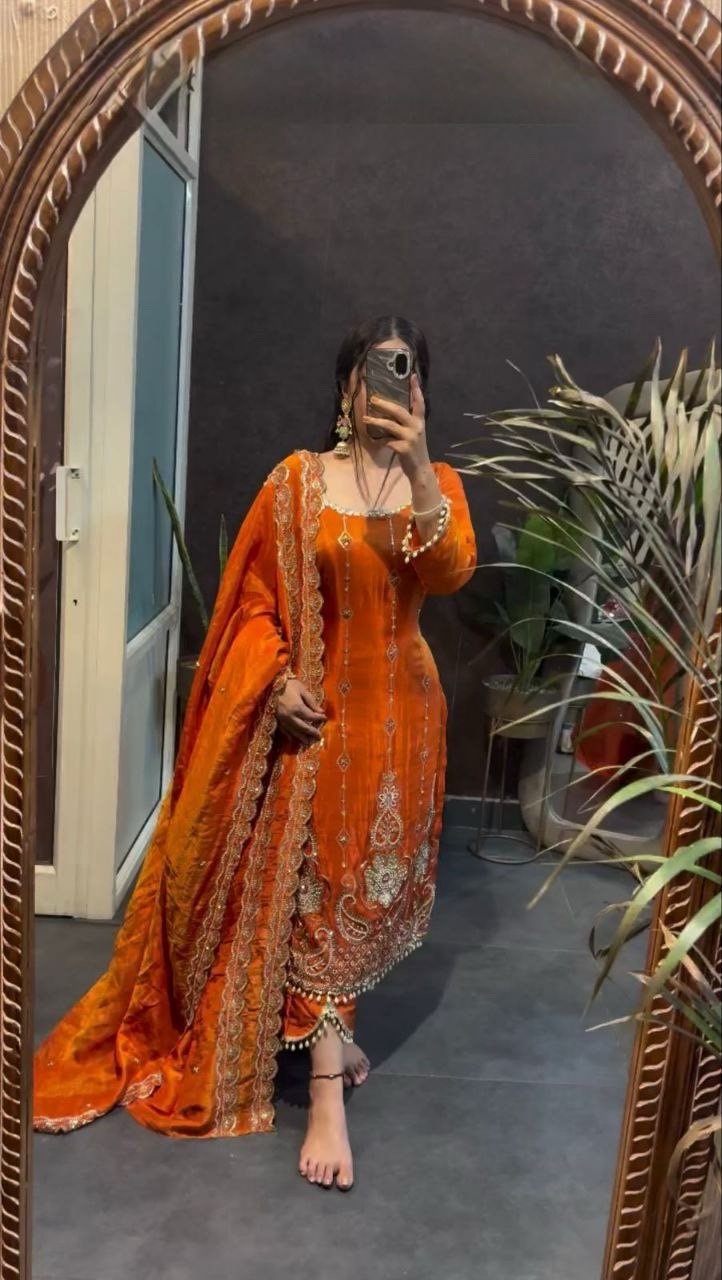Orange Embroidery Fendy Silk 3pcs Suit