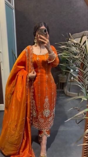 Orange Embroidery Fendy Silk 3pcs Suit