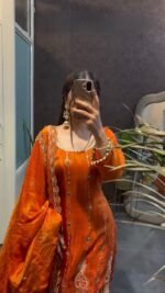 Orange Embroidery Fendy Silk 3pcs Suit