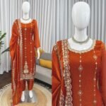 Orange Embroidery Fendy Silk 3pcs Suit