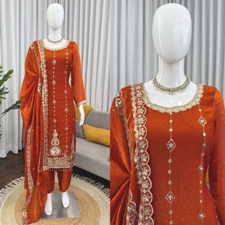 Orange Embroidery Fendy Silk 3pcs Suit