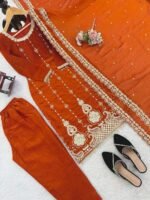 Orange Embroidery Fendy Silk 3pcs Suit