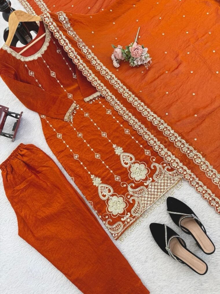 Orange Embroidery Fendy Silk 3pcs Suit