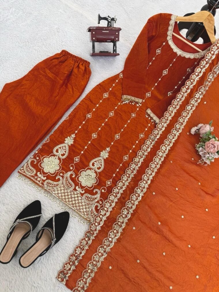 Orange Embroidery Fendy Silk 3pcs Suit