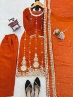 Orange Embroidery Fendy Silk 3pcs Suit