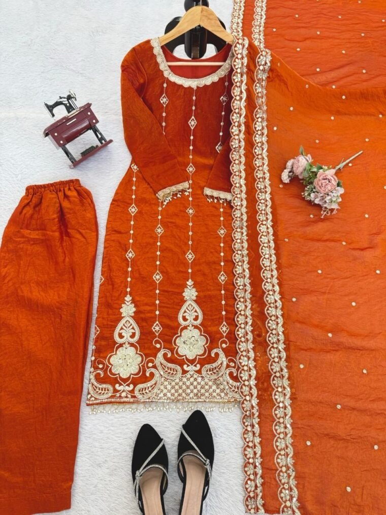Orange Embroidery Fendy Silk 3pcs Suit