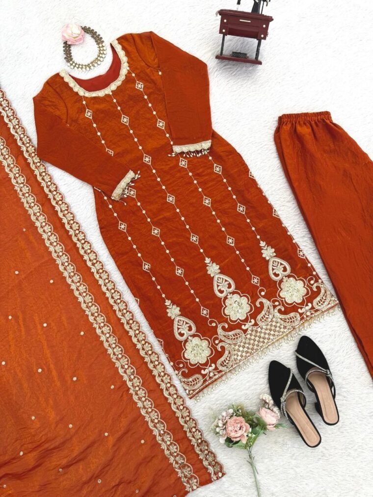 Orange Embroidery Fendy Silk 3pcs Suit