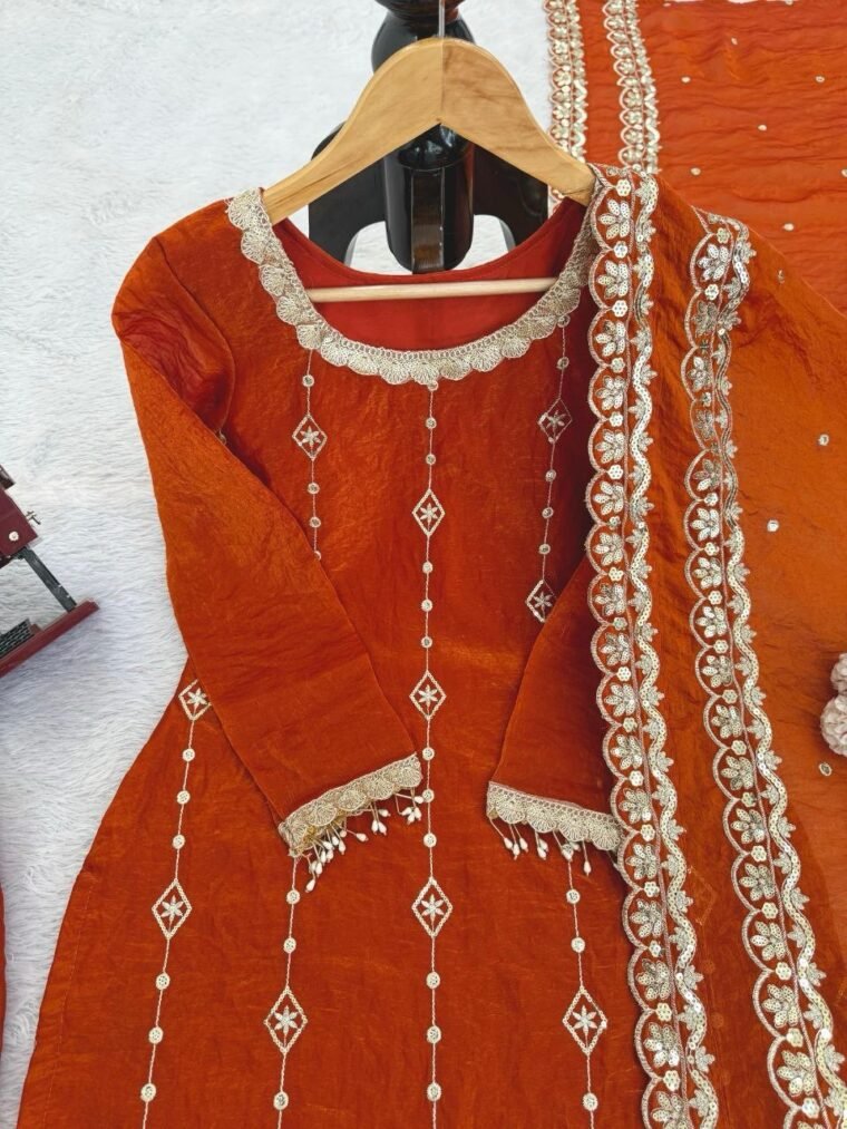 Orange Embroidery Fendy Silk 3pcs Suit
