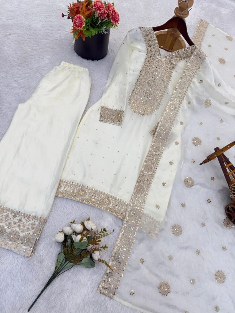 Fendy Silk Sequence Embroidery Top Plazzo Suit