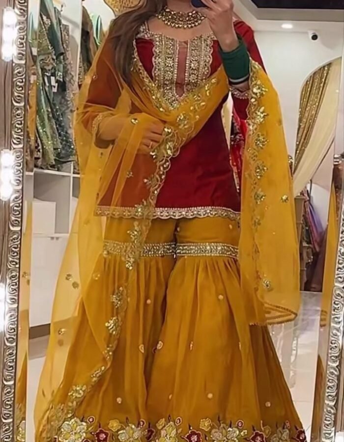 Heavy Faux Georgette Silk Top Sharara Pants Dupatta