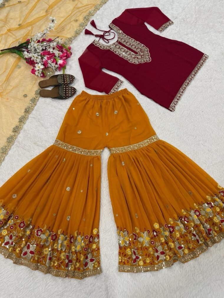 Heavy Faux Georgette Silk Top Sharara Pants Dupatta