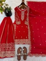 Fandy Silk Sequence Embroidery Top Plazzo Dupatta