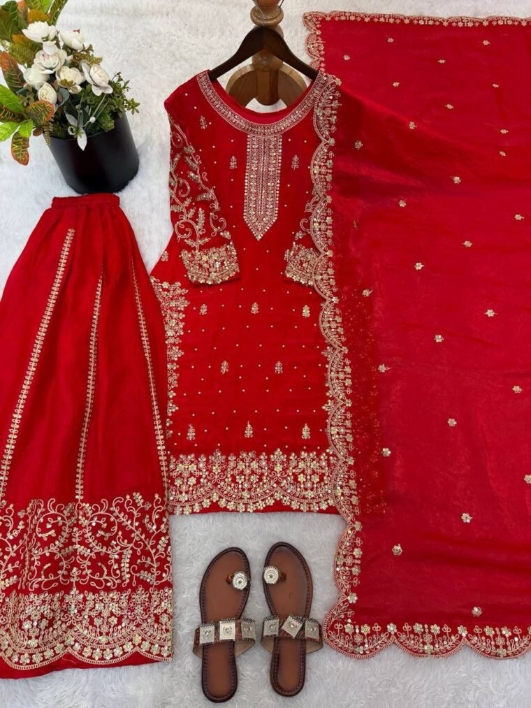 Fandy Silk Sequence Embroidery Top Plazzo Dupatta