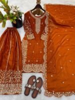 Fandy Silk Sequence Embroidery Top Plazzo Dupatta