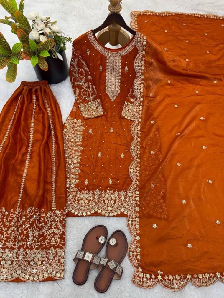 Fandy Silk Sequence Embroidery Top Plazzo Dupatta