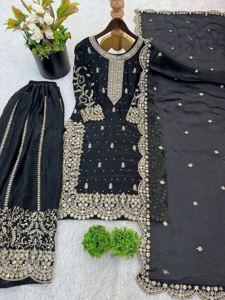 Fandy Silk Sequence Embroidery Top Plazzo Dupatta