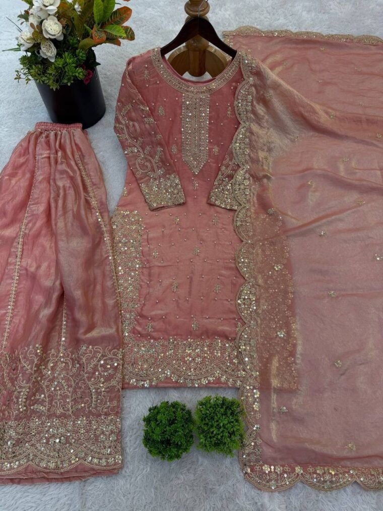 Fandy Silk Sequence Embroidery Top Plazzo Dupatta