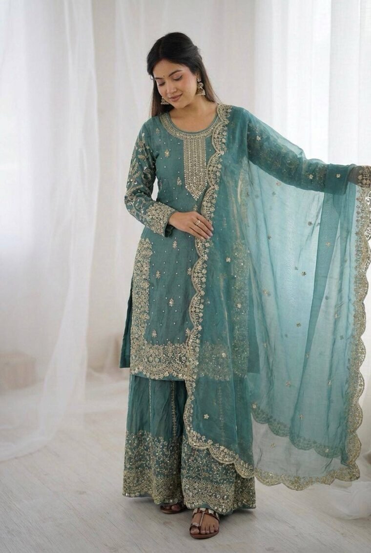 Fandy Silk Sequence Embroidery Top Plazzo Dupatta