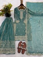 Fandy Silk Sequence Embroidery Top Plazzo Dupatta