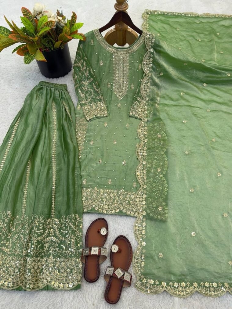 Fandy Silk Sequence Embroidery Top Plazzo Dupatta