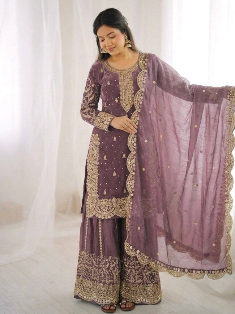 Fandy Silk Sequence Embroidery Top Plazzo Dupatta