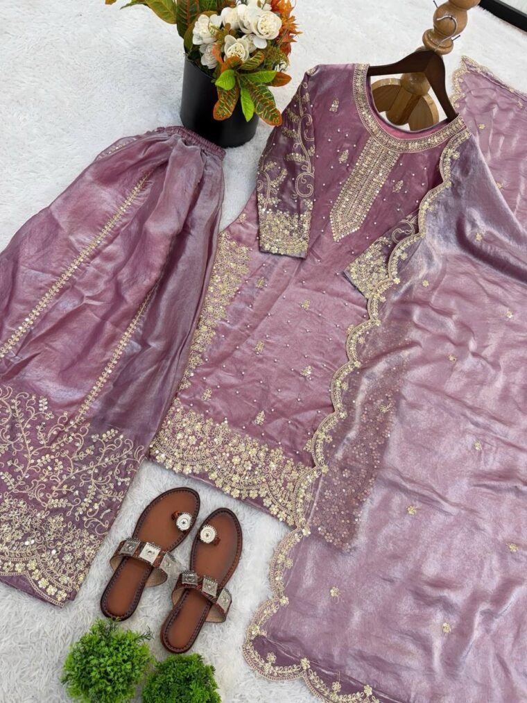 Fandy Silk Sequence Embroidery Top Plazzo Dupatta