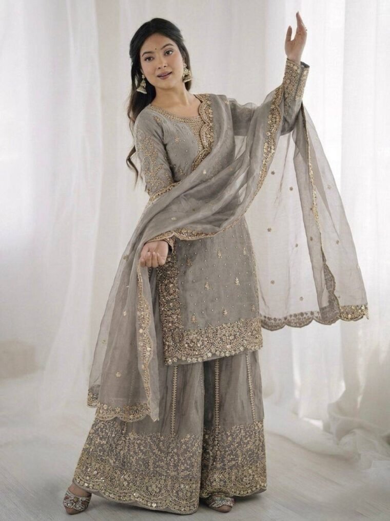 Fandy Silk Sequence Embroidery Top Plazzo Dupatta