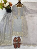 Fandy Silk Sequence Embroidery Top Plazzo Dupatta