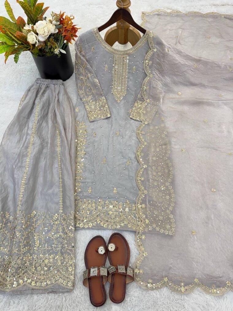 Fandy Silk Sequence Embroidery Top Plazzo Dupatta