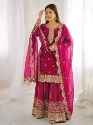 Fandy Silk Sequence Embroidery Top Plazzo Dupatta