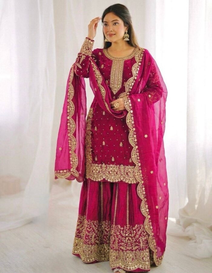 Fandy Silk Sequence Embroidery Top Plazzo Dupatta