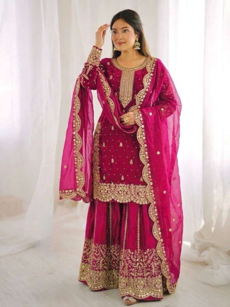 Fandy Silk Sequence Embroidery Top Plazzo Dupatta
