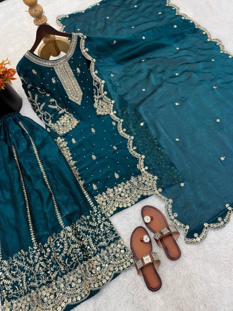 Fandy Silk Sequence Embroidery Top Plazzo Dupatta